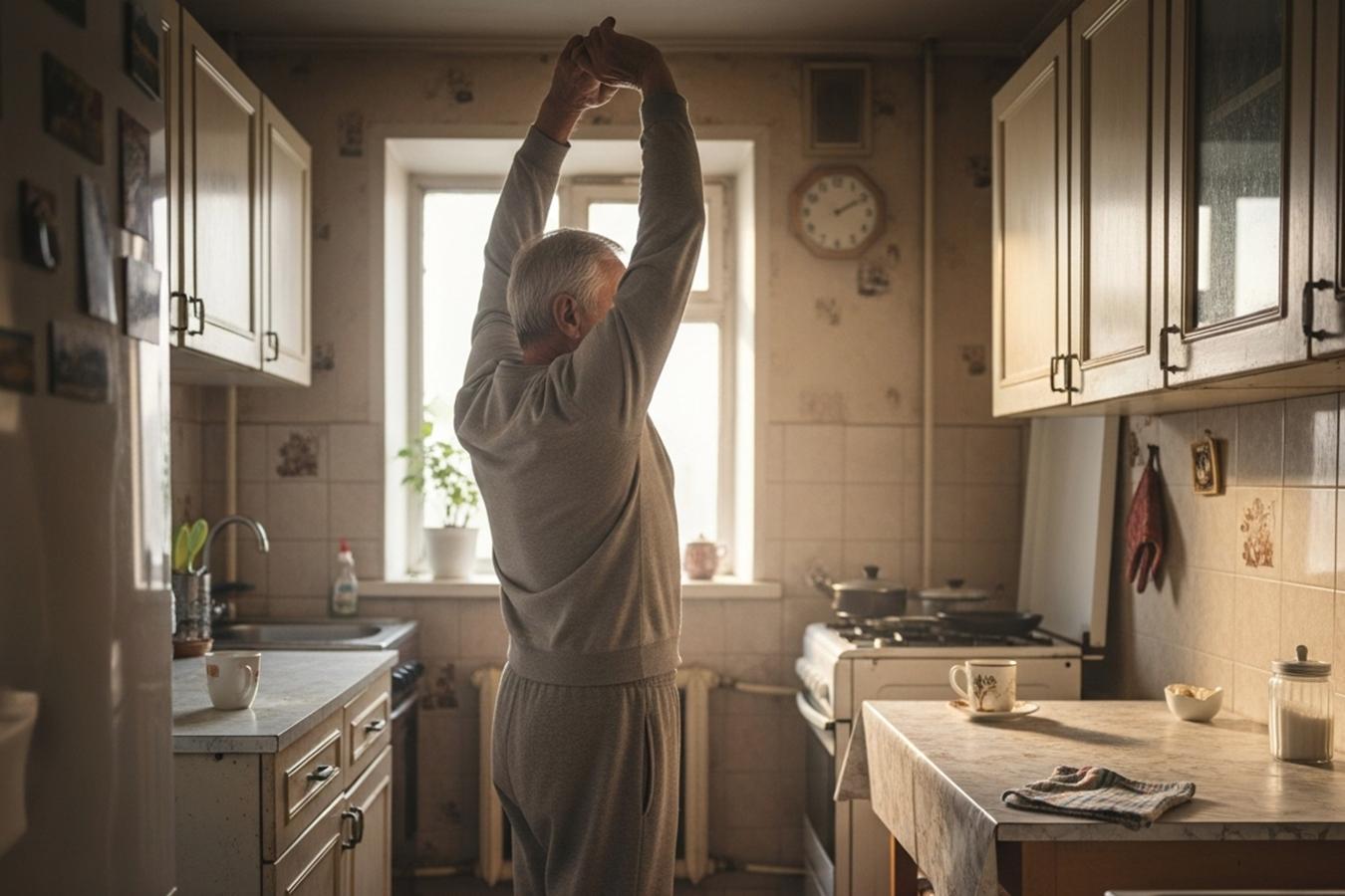 Мужчина утром на кухне потягивается